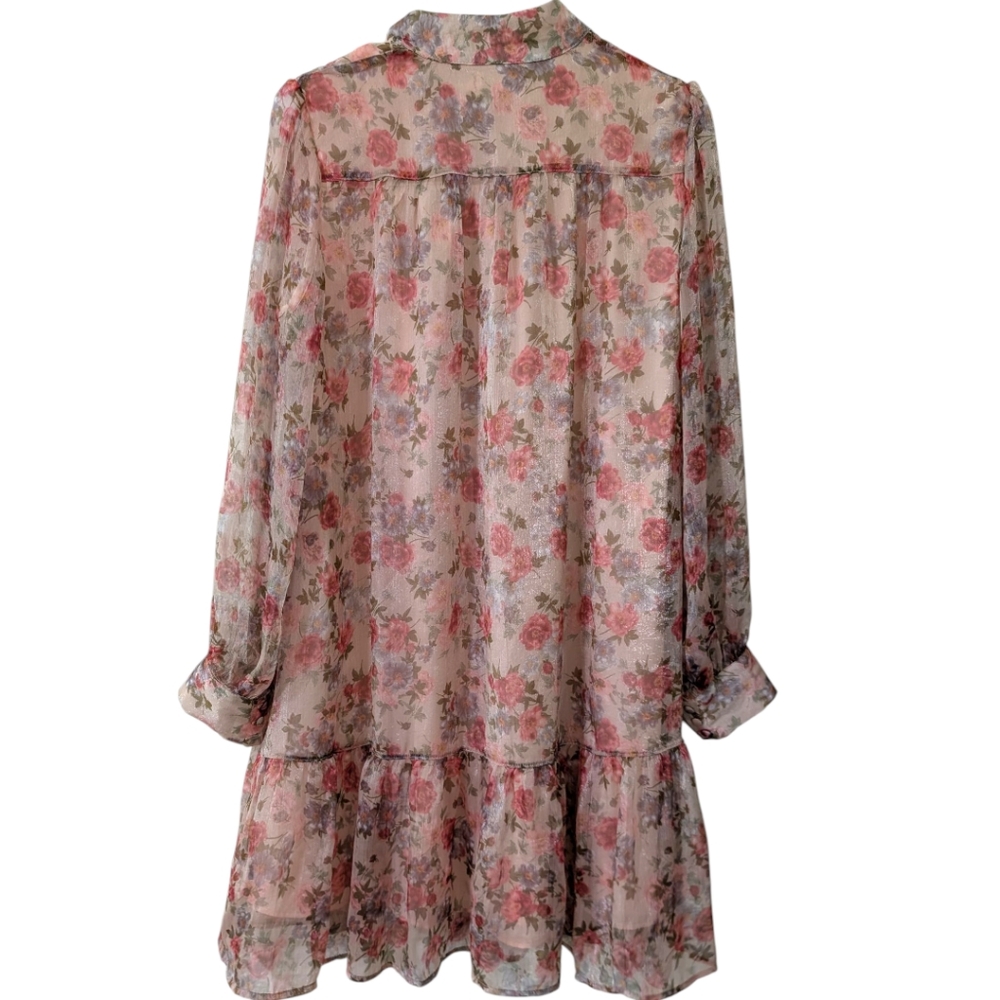 Ivy City Co. Eleanor Pink Sheer Floral Ruffle Knee Length Mini Dress Women's M - Picture 4 of 7